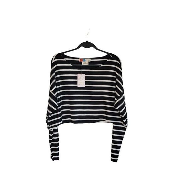 Free People Beach Womens Top Black M Oversized Long Sleeve Cropped Top Striped - Picture 4 of 7